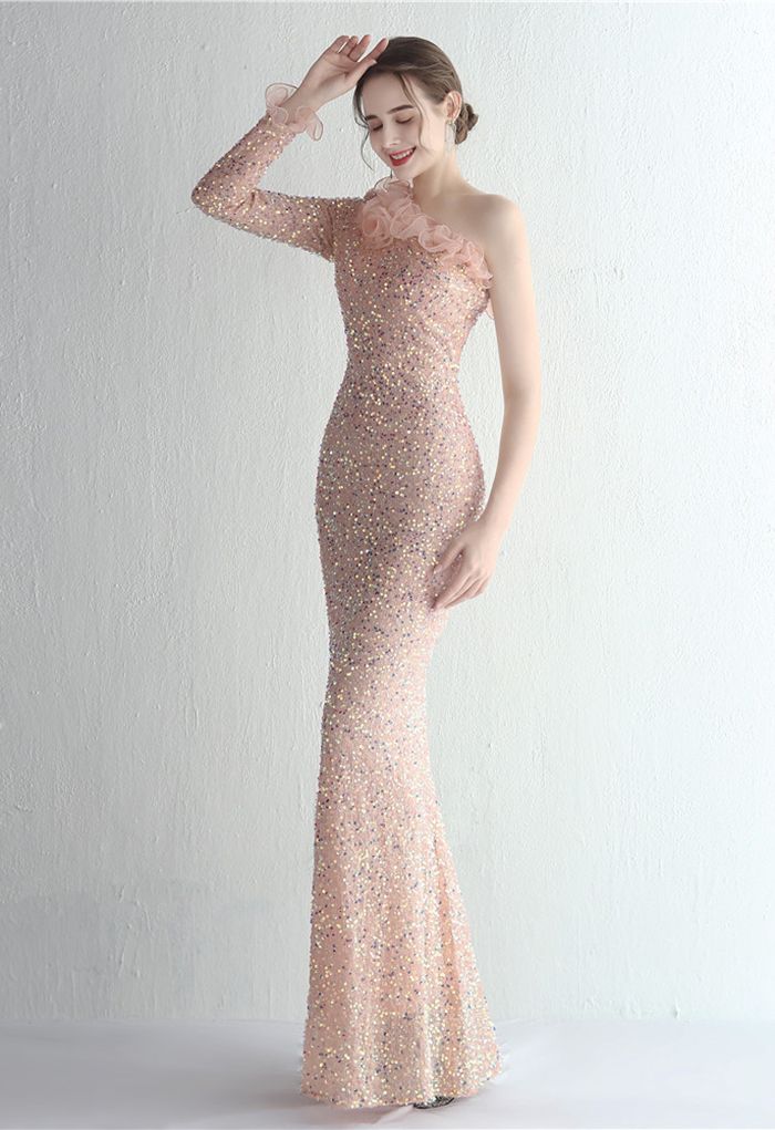 One-Shoulder Organza Trim Sequined Gown in Dusty Pink