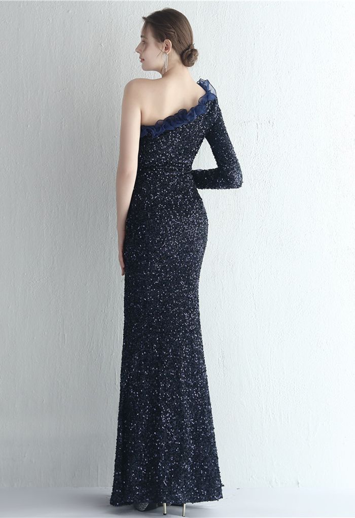 One-Shoulder Organza Trim Sequined Gown in Navy