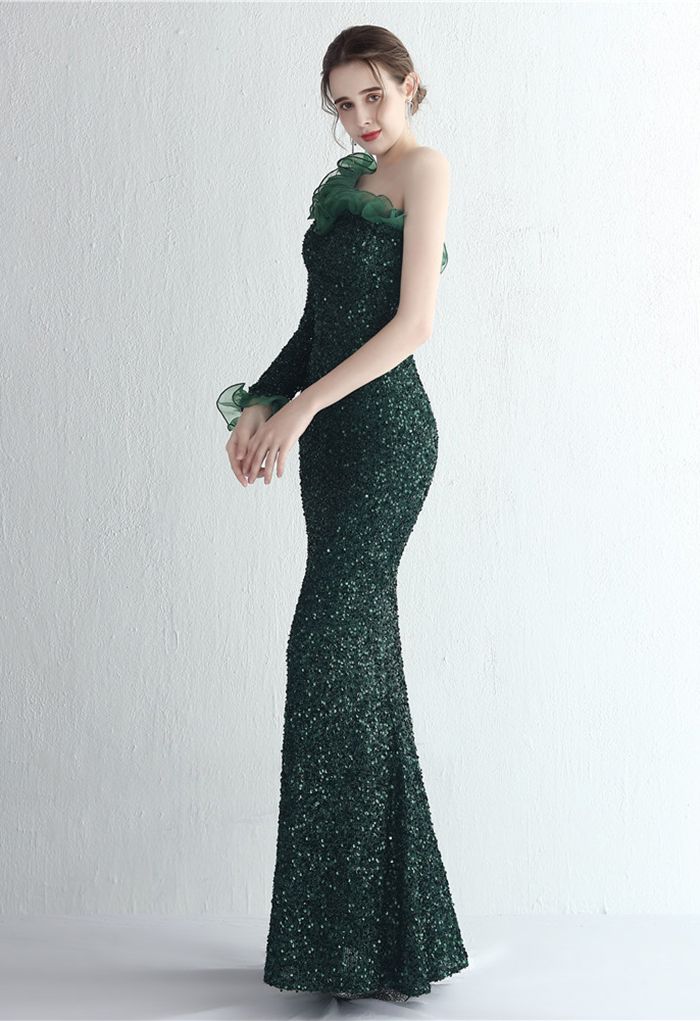 One-Shoulder Organza Trim Sequined Gown in Emerald