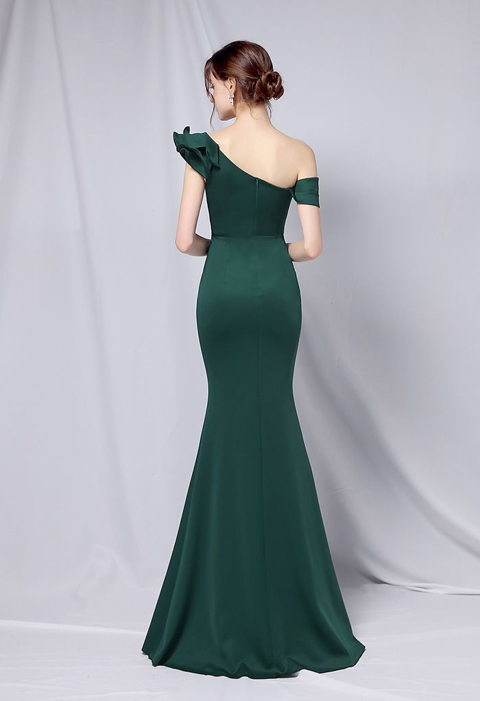 Ruffle One-Shoulder Mermaid Satin Gown in Emerald