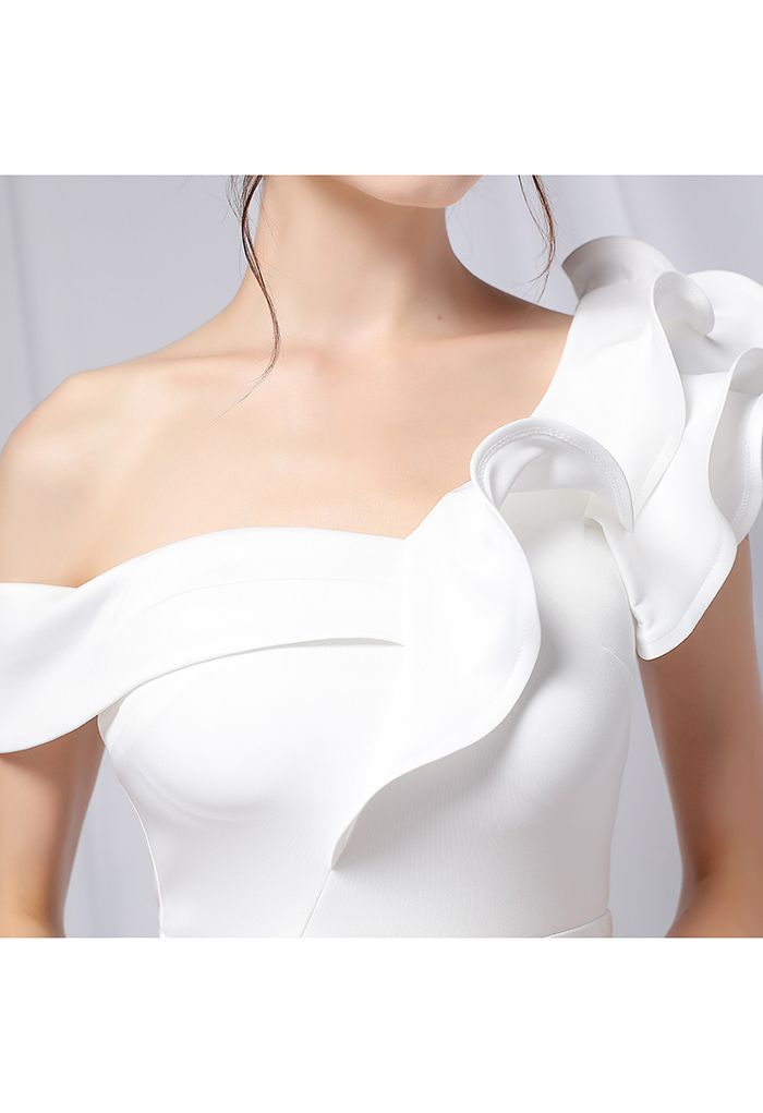 Ruffle One-Shoulder Mermaid Satin Gown in White