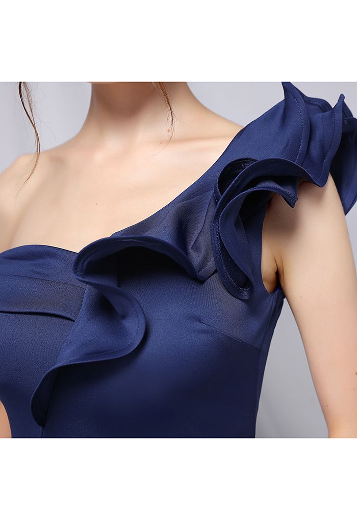 Ruffle One-Shoulder Mermaid Satin Gown in Navy