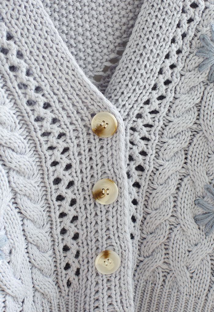 Stitched Flowers Braided Hand Knit Cardigan in Light Blue