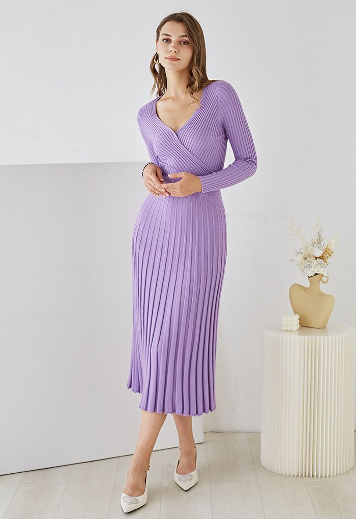 Soft Knit Solid Color Wrap Midi Dress