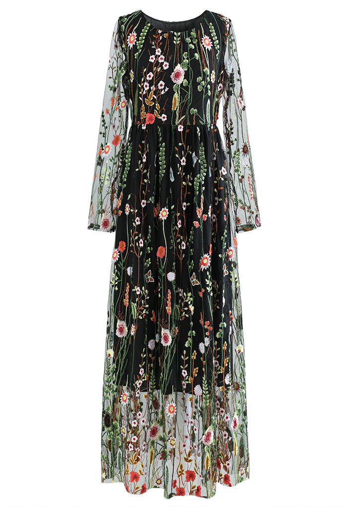 Lost in Flowering Fields Embroidered Mesh Maxi Dress in Black