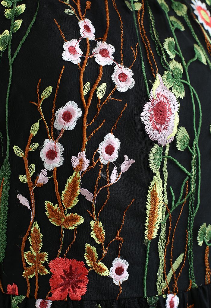 Lost in Flowering Fields Embroidered Mesh Maxi Dress in Black