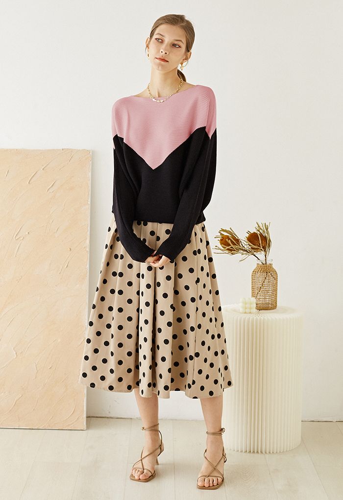 Two-Tone Boat Neck Batwing Sleeve Sweater in Pink