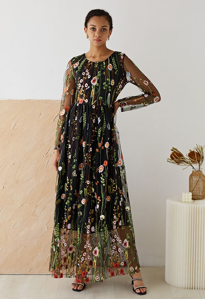 Lost in Flowering Fields Embroidered Mesh Maxi Dress in Black