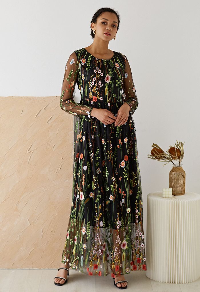 Lost in Flowering Fields Embroidered Mesh Maxi Dress in Black