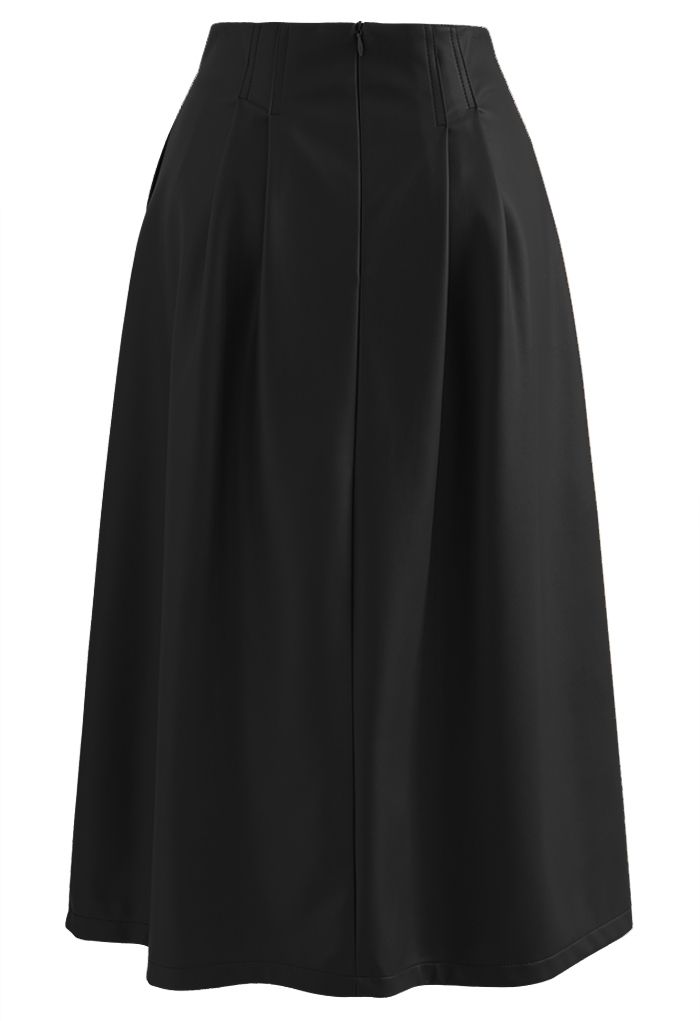 Faux Leather Slit Hem Midi Skirt in Black