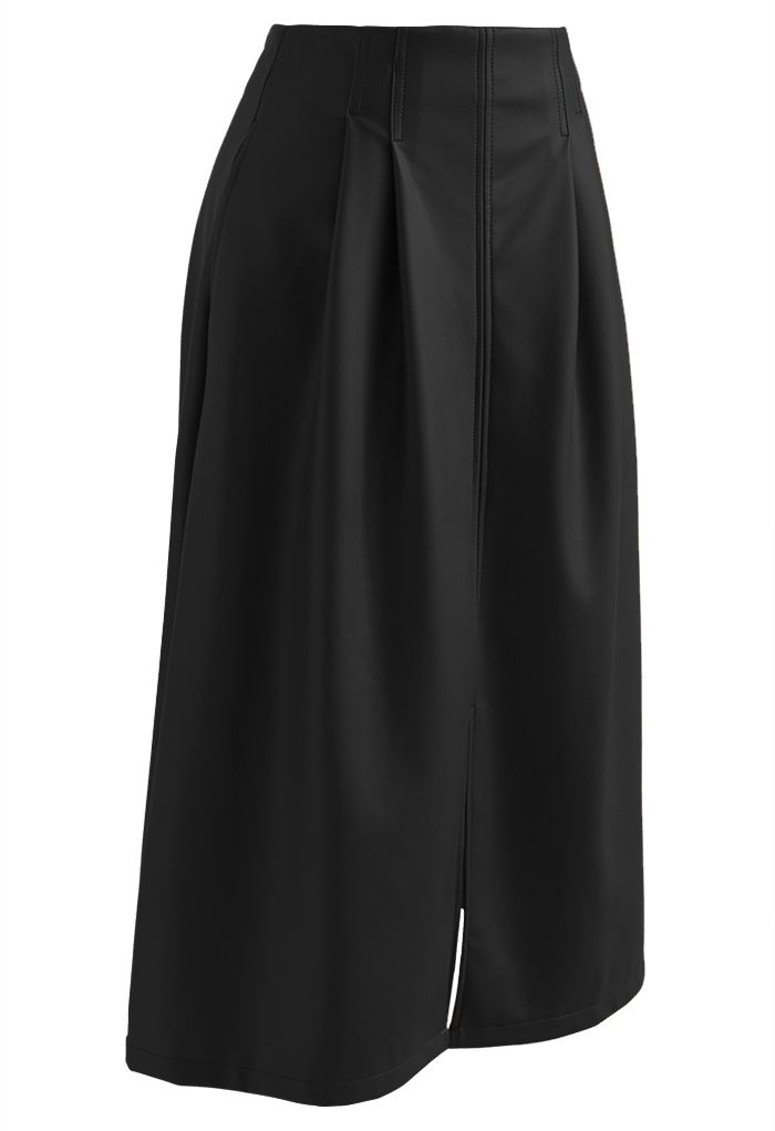 Faux Leather Slit Hem Midi Skirt in Black