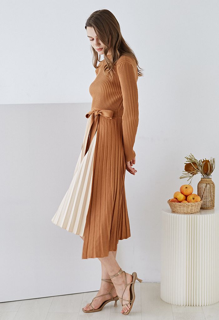 Front Pleats Splicing Belted Hi-Lo Knit Dress in Caramel