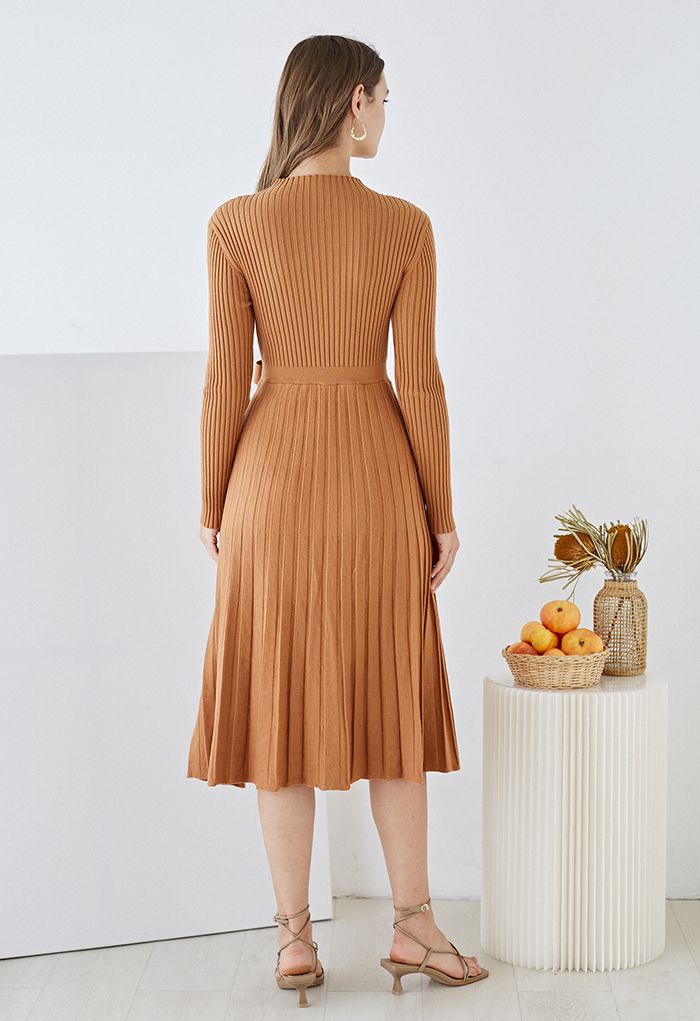 Front Pleats Splicing Belted Hi-Lo Knit Dress in Caramel