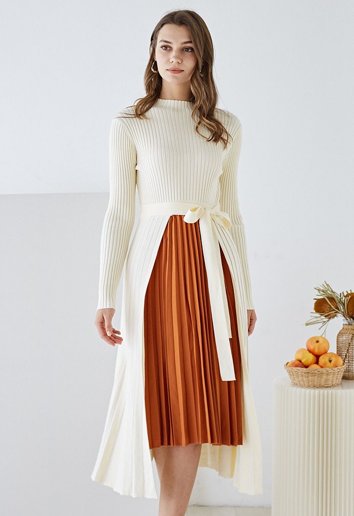 Front Pleats Splicing Belted Hi-Lo Knit Dress in Cream