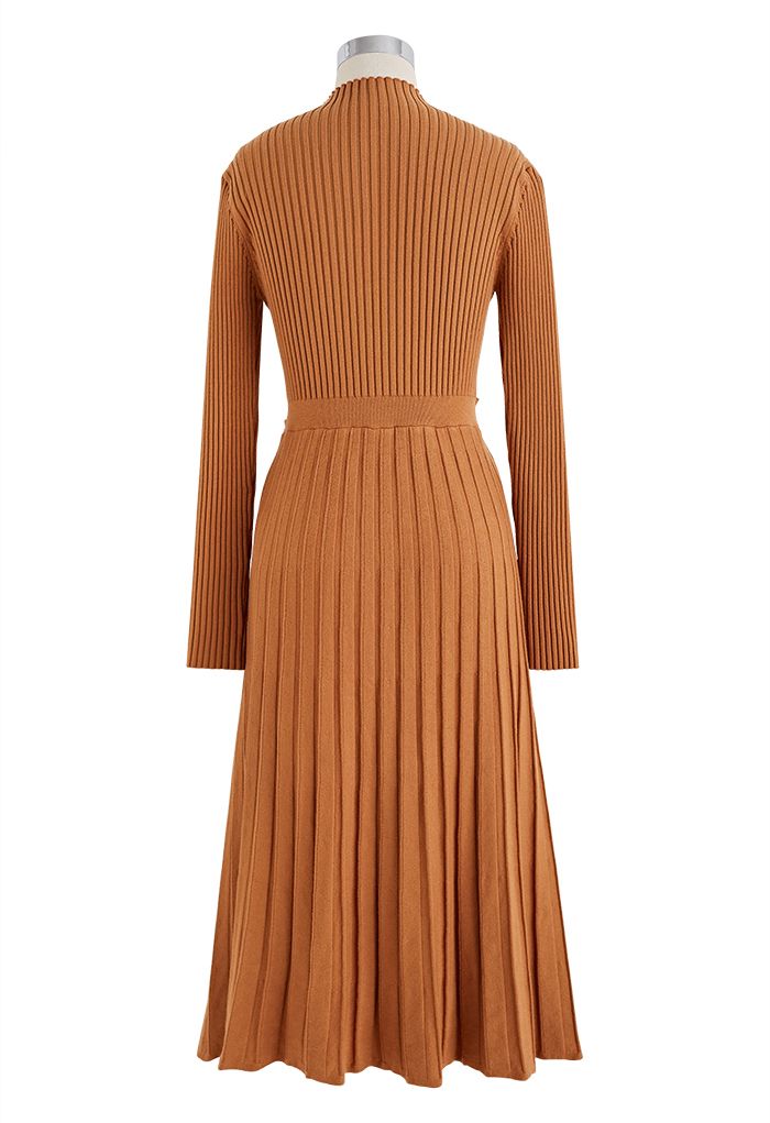 Front Pleats Splicing Belted Hi-Lo Knit Dress in Caramel