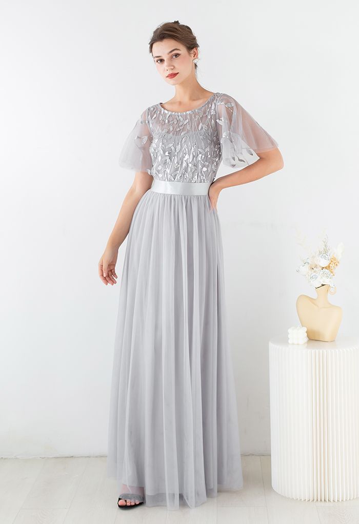 Sequined Vine Flutter Sleeve Mesh Gown in Grey