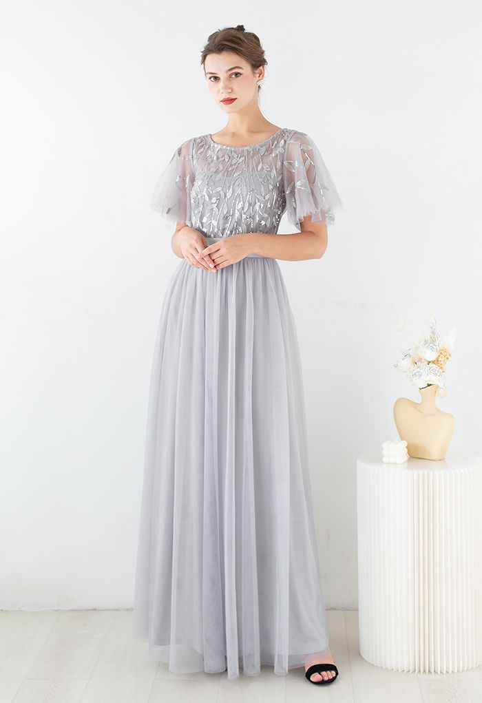 Sequined Vine Flutter Sleeve Mesh Gown in Grey