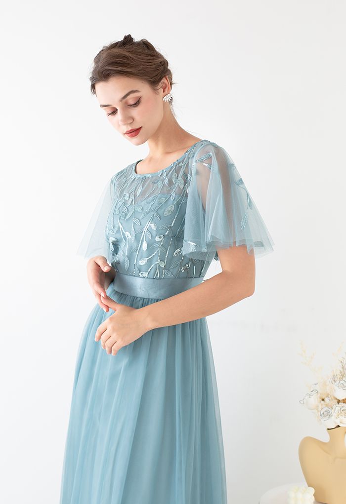 Sequined Vine Flutter Sleeve Mesh Gown in Teal