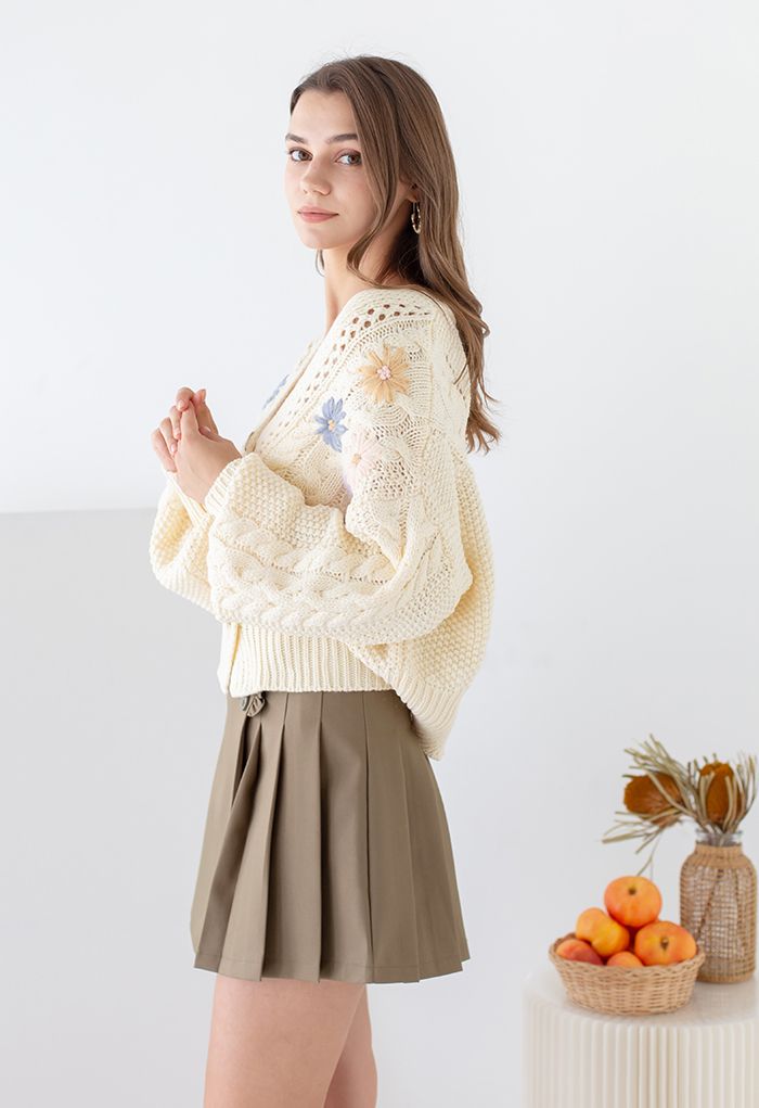 Stitched Flowers Braided Hand Knit Cardigan in Cream