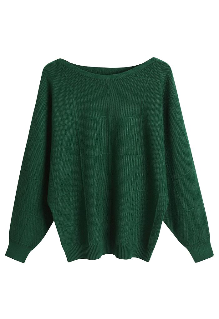 Cozy Boat Neck Batwing Sleeve Sweater in Dark Green