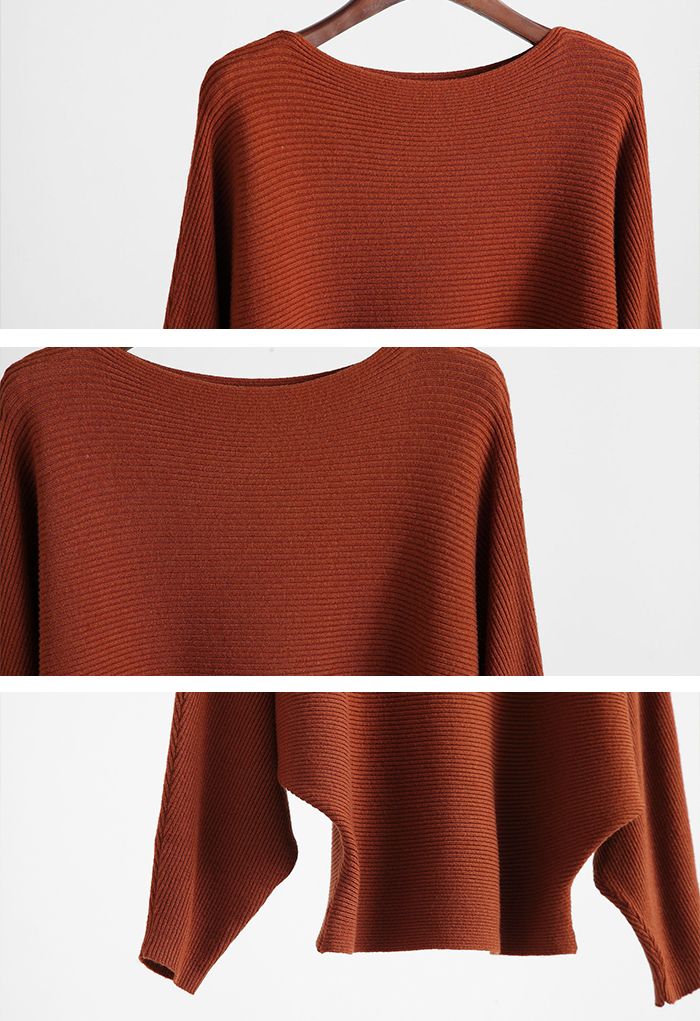 Boat Neck Batwing Sleeves Knit Top in Caramel