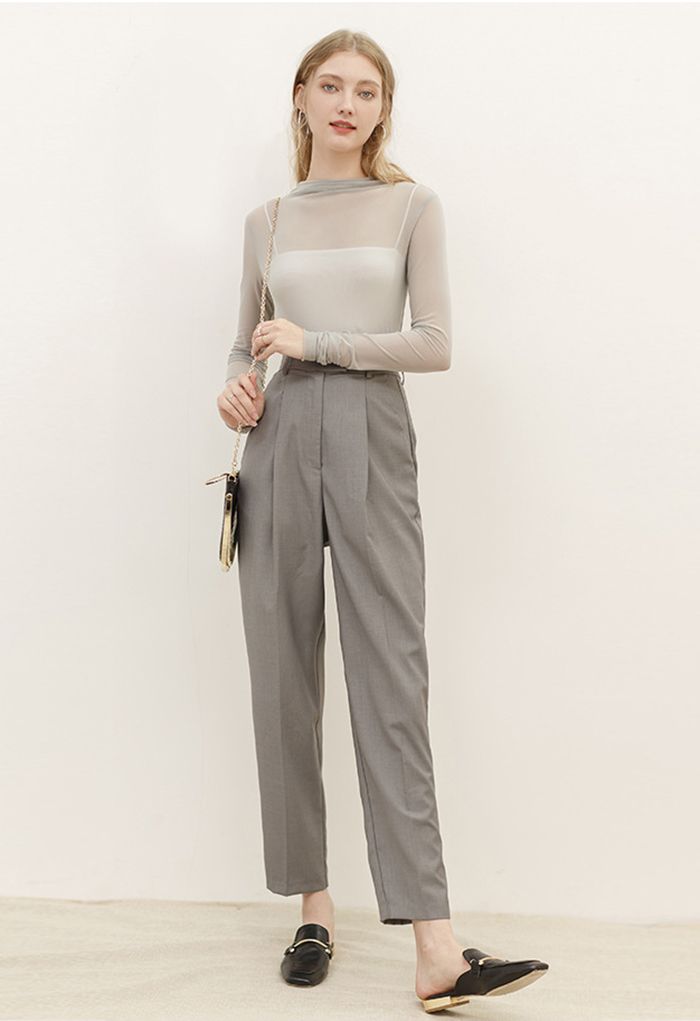 Ruched Detail Sheer Mesh Fitted Top in Grey