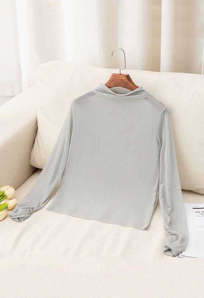 Ruched Detail Sheer Mesh Fitted Top in Grey