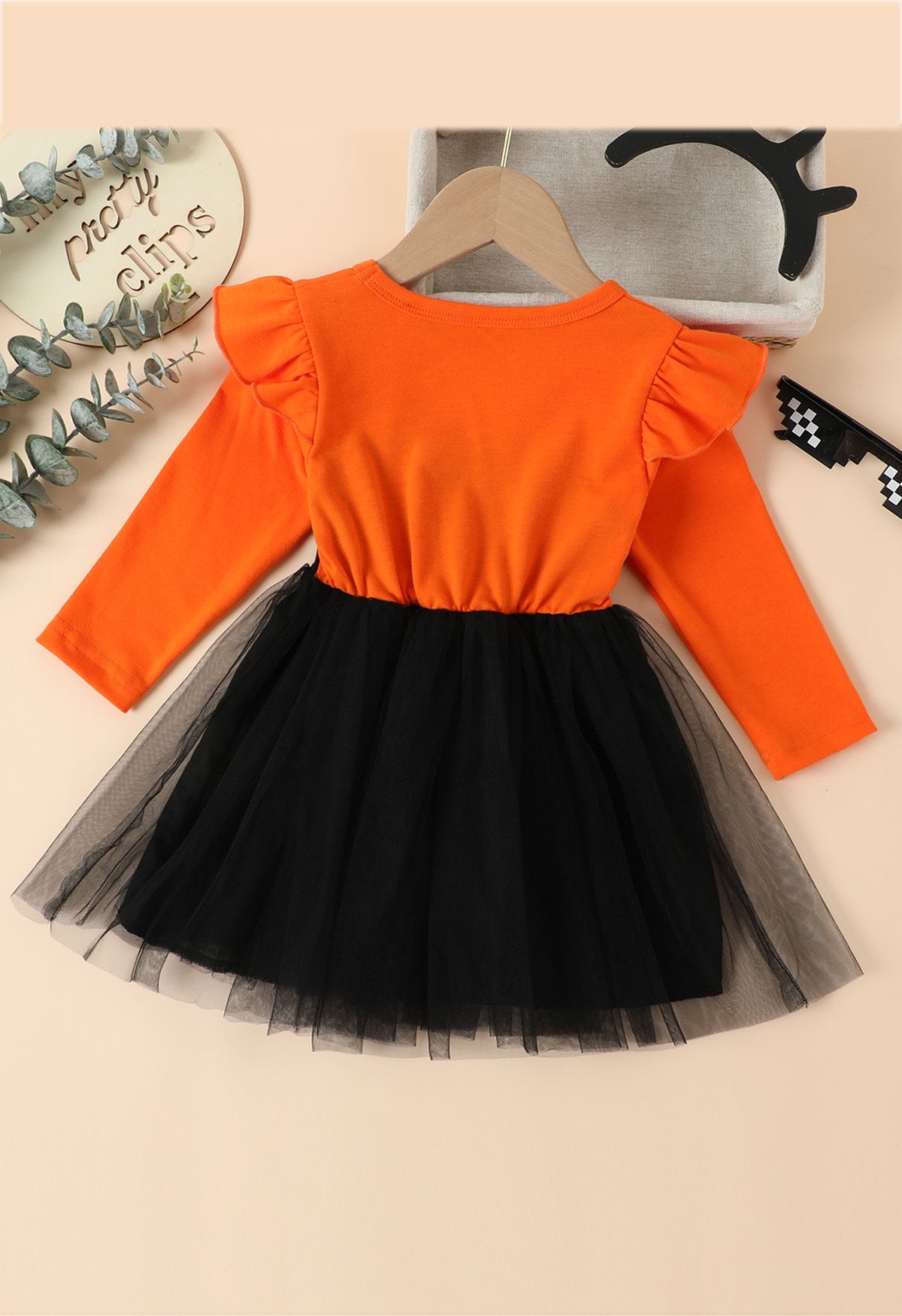 Kids' Black Owl Ruffle Mesh Tulle Spliced Dress in Orange