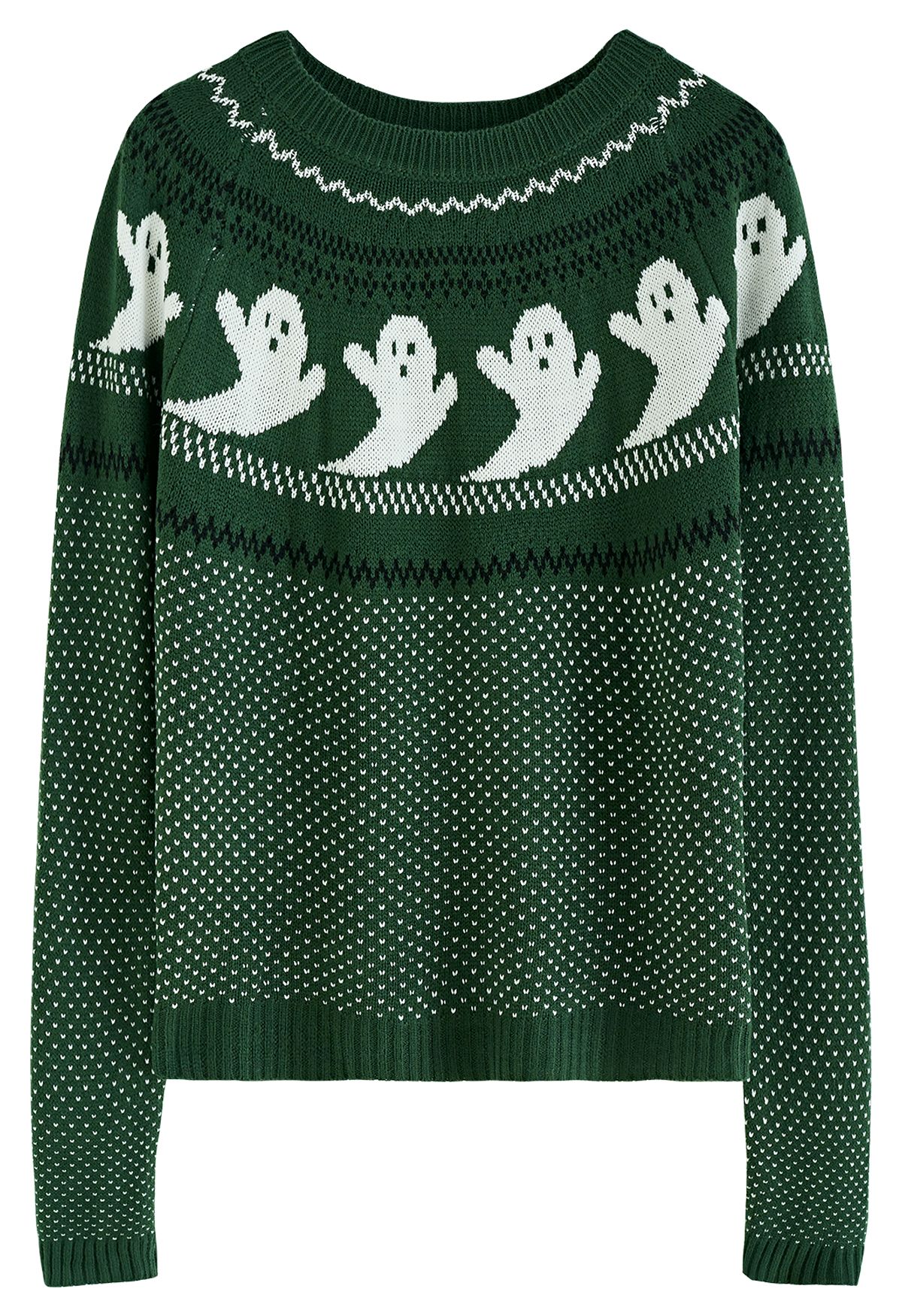 Cute Ghost Long Sleeves Knit Sweater in Army Green