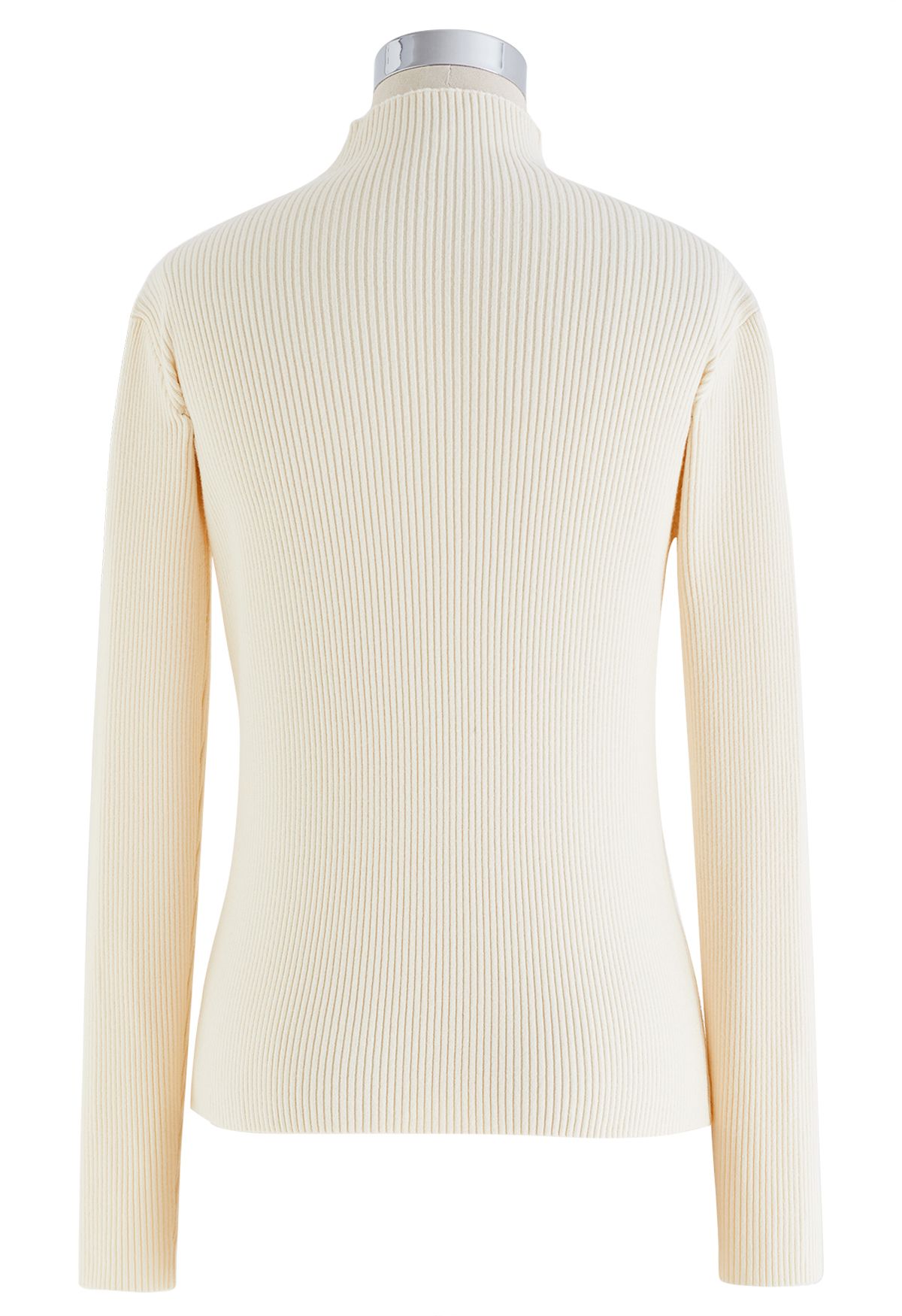 Crystal Trim Cutout High Neck Knit Top in Cream