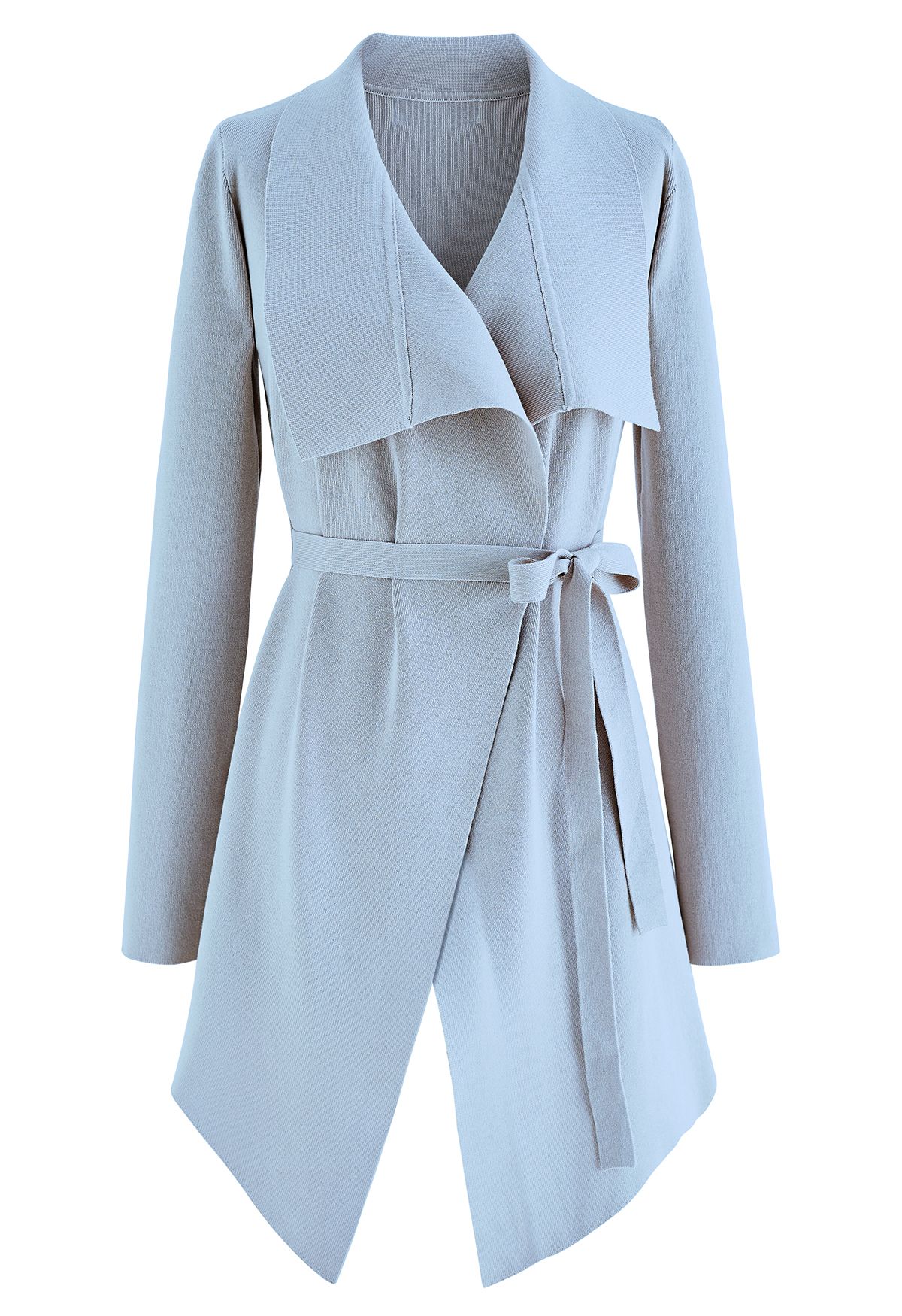 Wide Lapel Tie Waist Knit Cardigan in Baby Blue