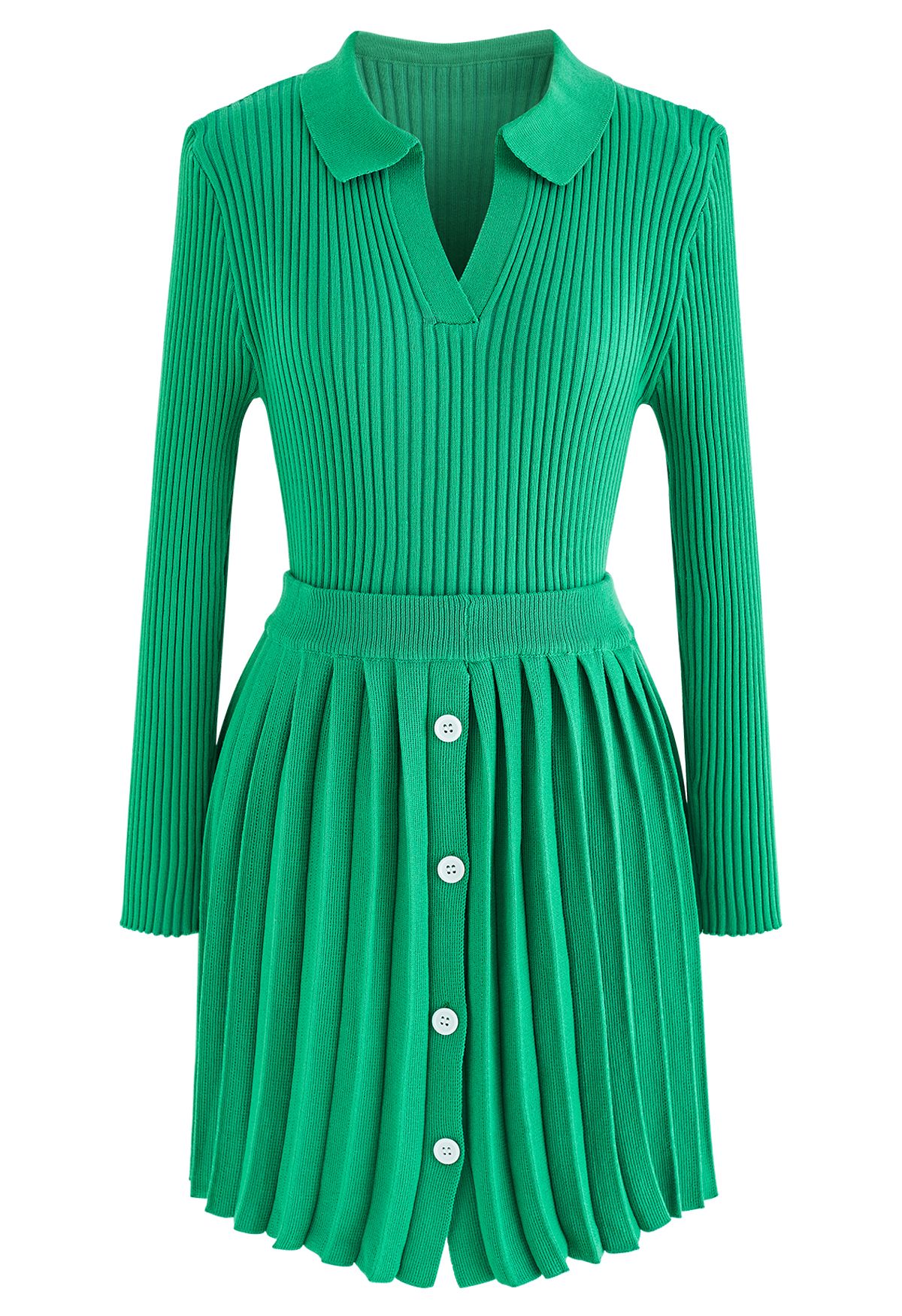 Collared V-Neck Knit Top and Pleated Skirt Set in Green