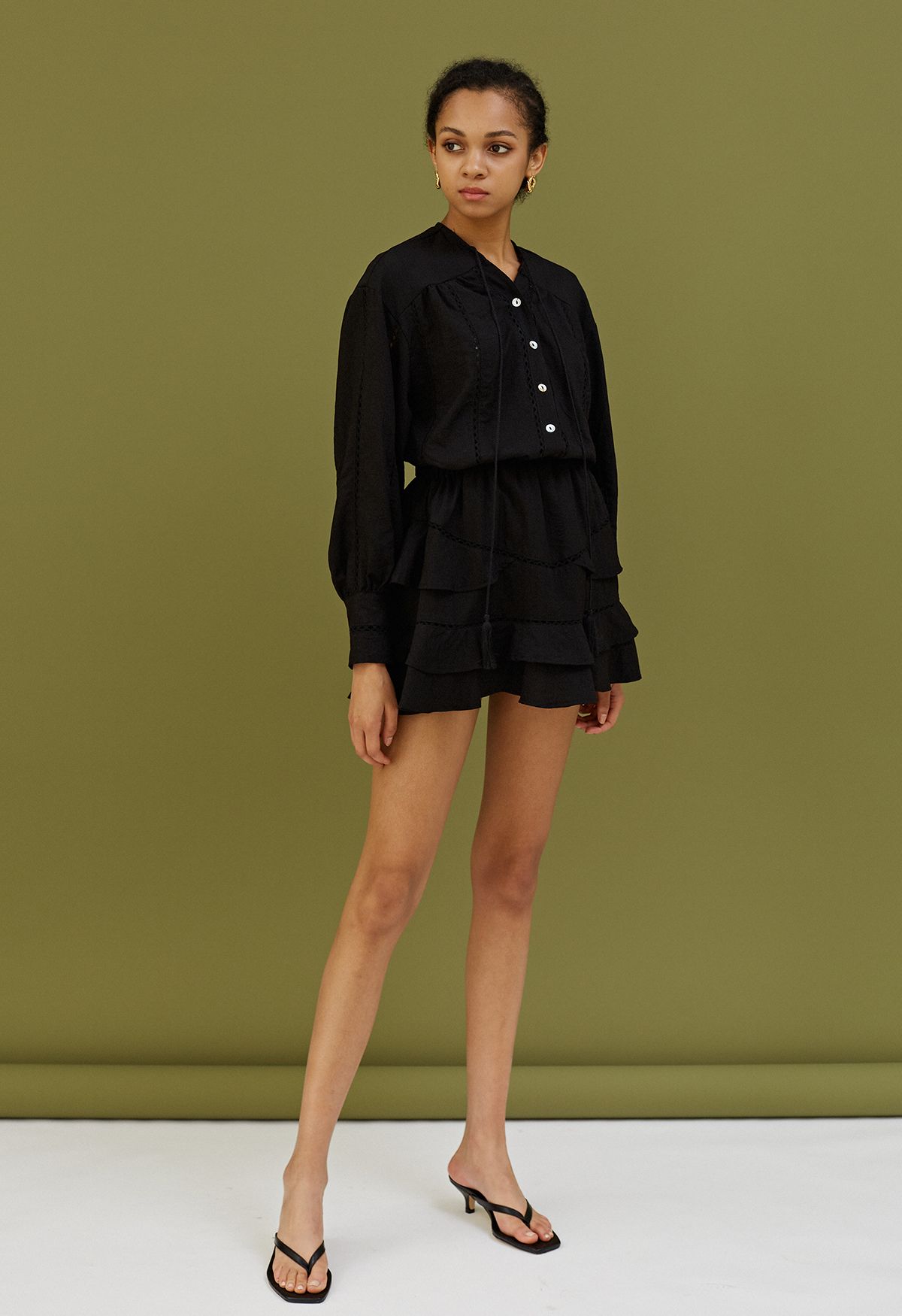 Hollow Out Tassel Shirt and Tiered Mini Skirt Set in Black