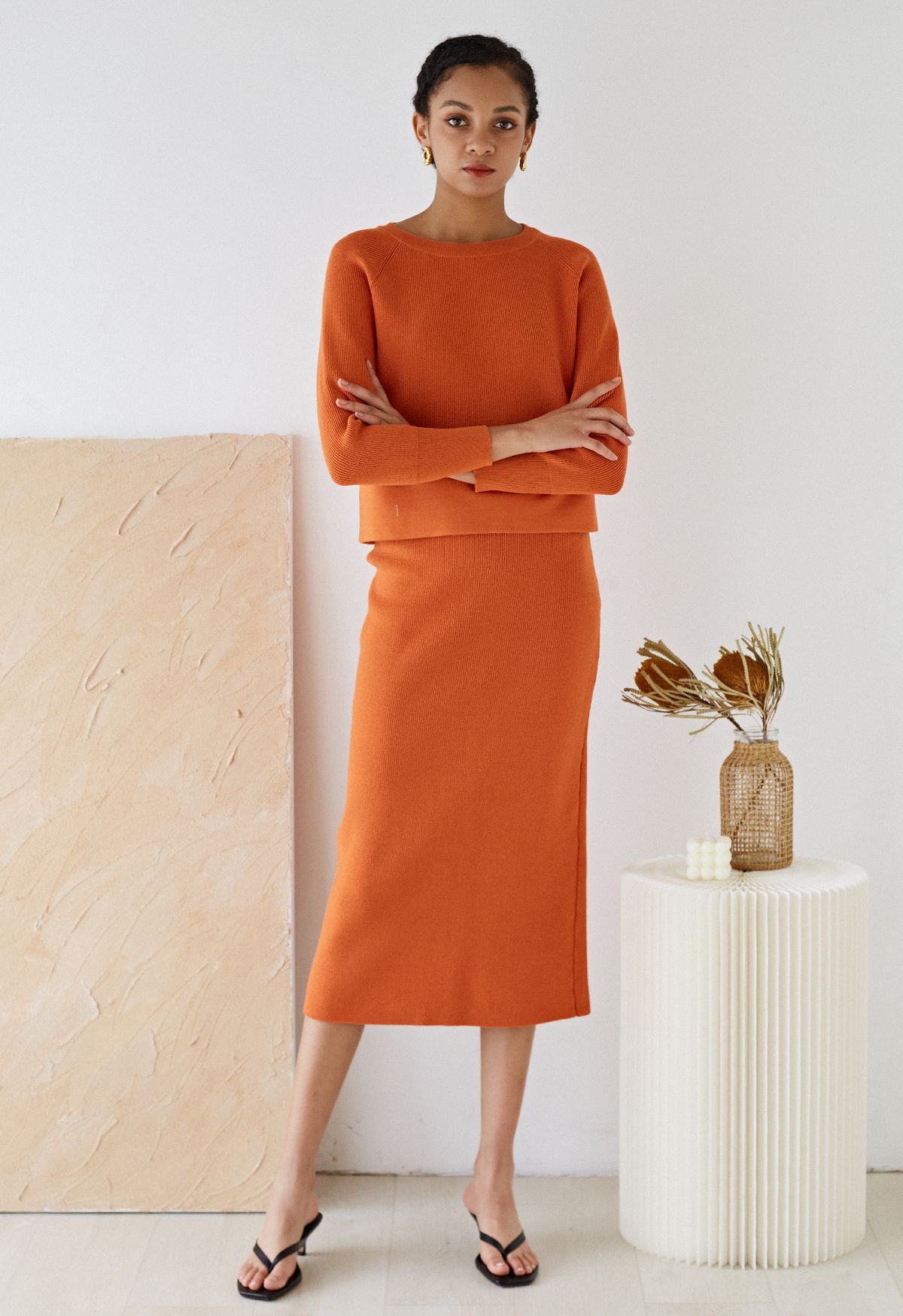 Comfy Ribbed Knit Top and Midi Skirt Set in Orange