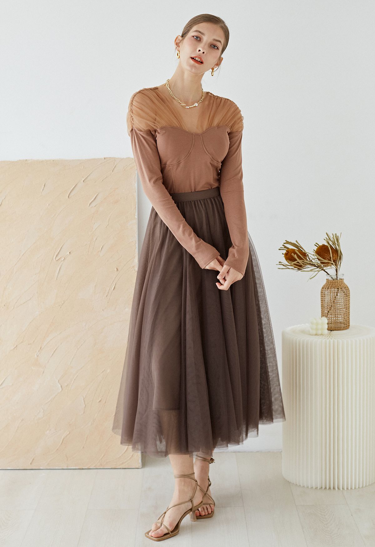 My Secret Garden Tulle Maxi Skirt in Brown