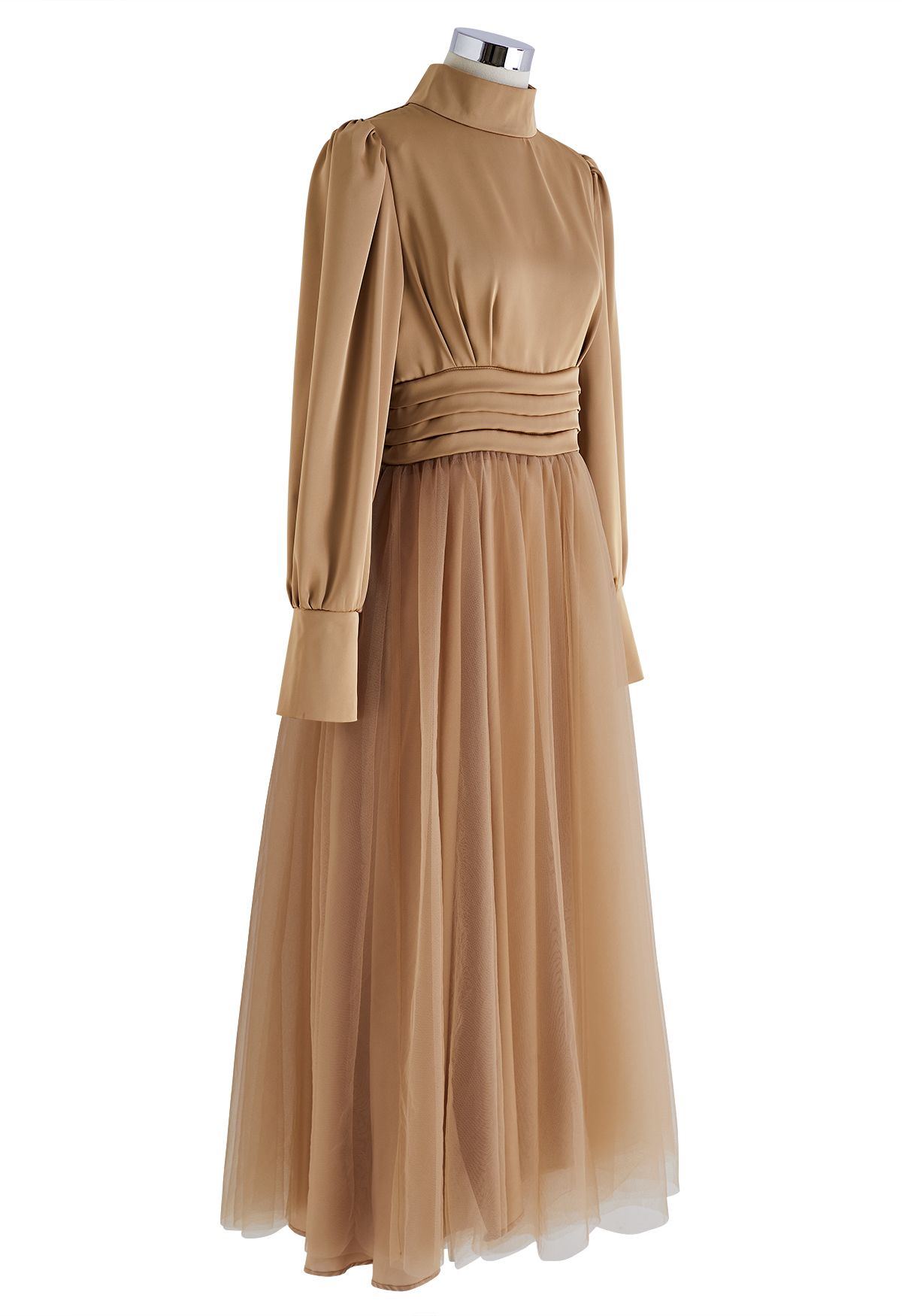 Shine Bright High Neck Tulle Maxi Dress in Tan