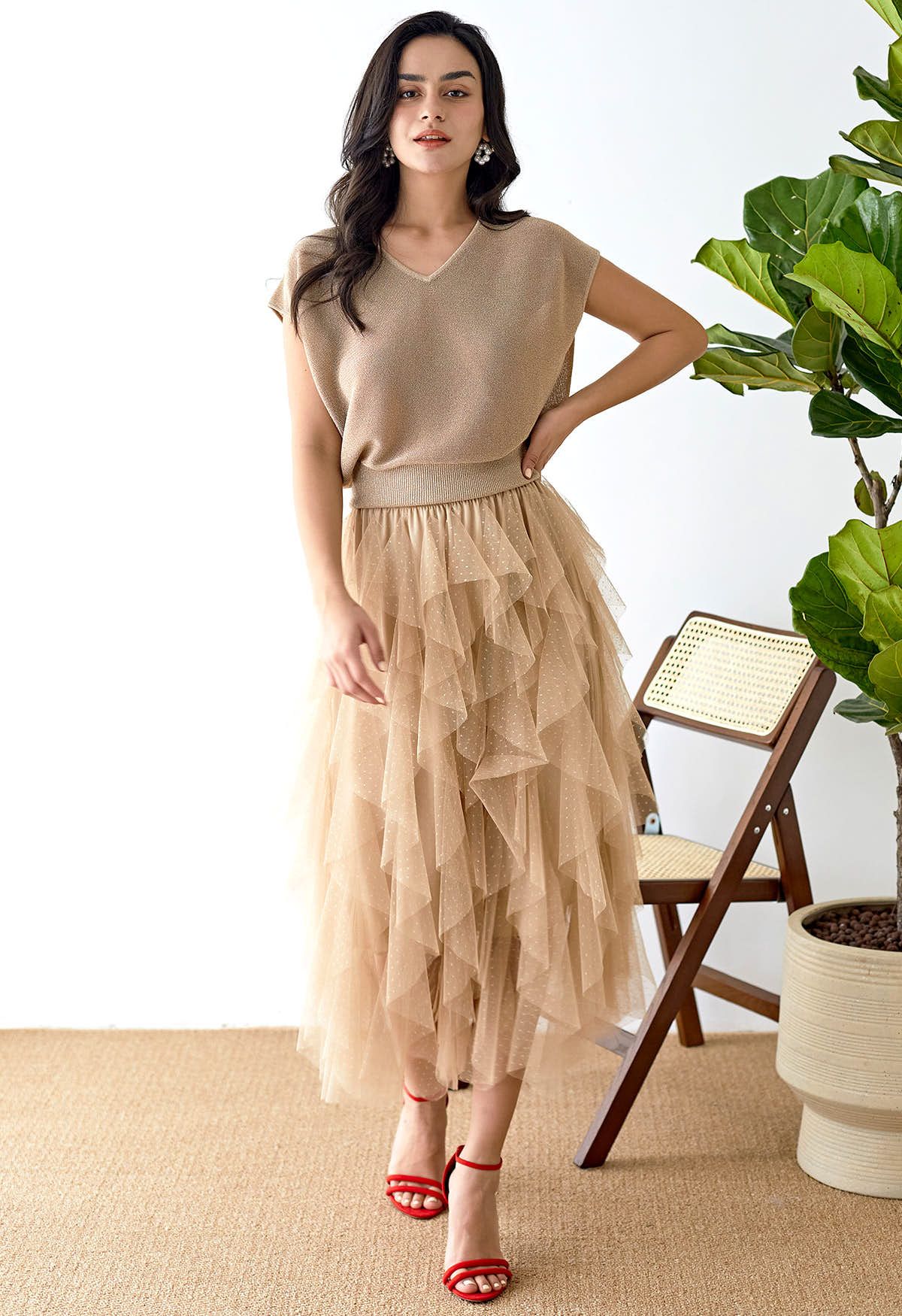 Dots Full Ruffled Tulle Skirt in Light Tan