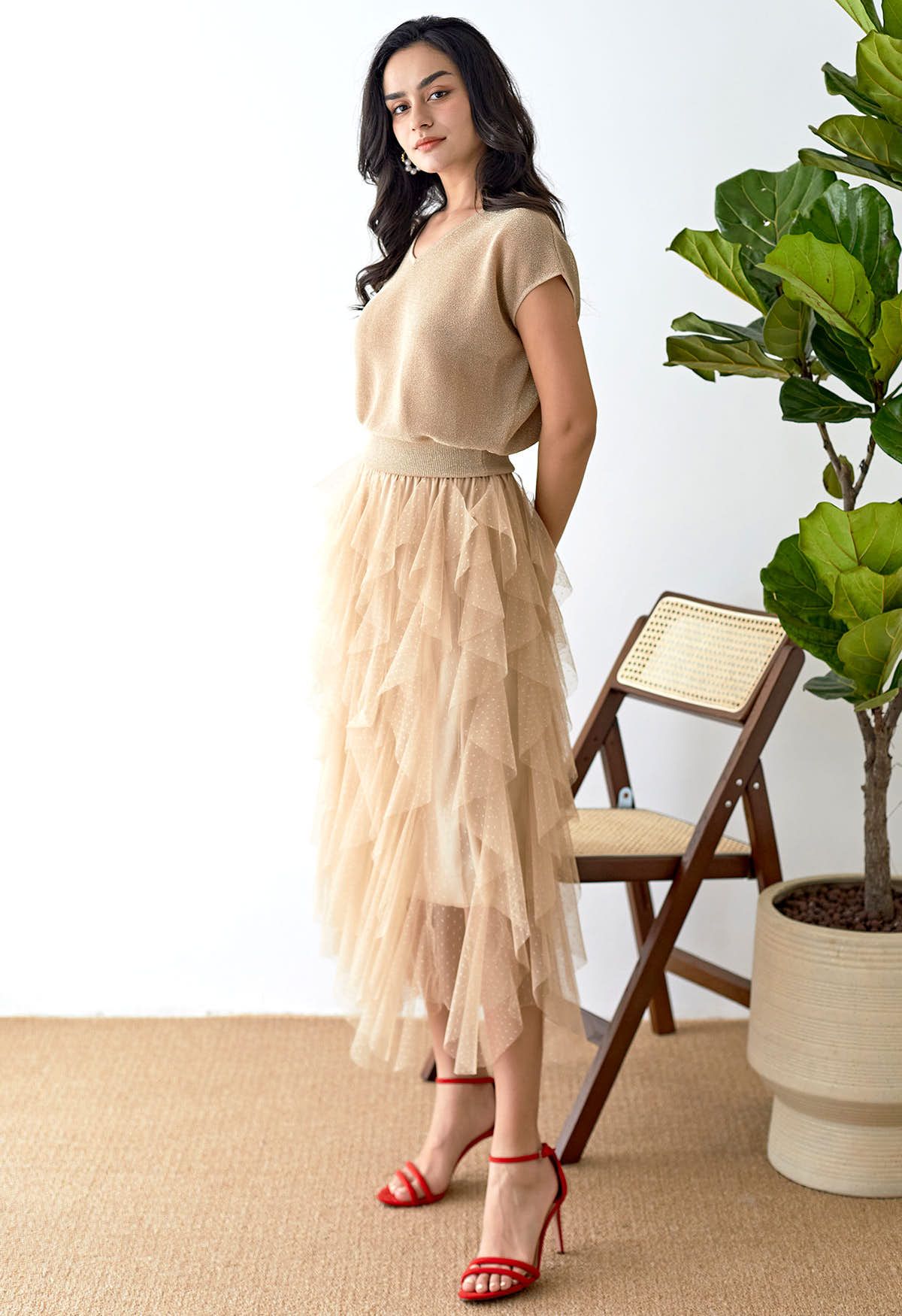 Dots Full Ruffled Tulle Skirt in Light Tan