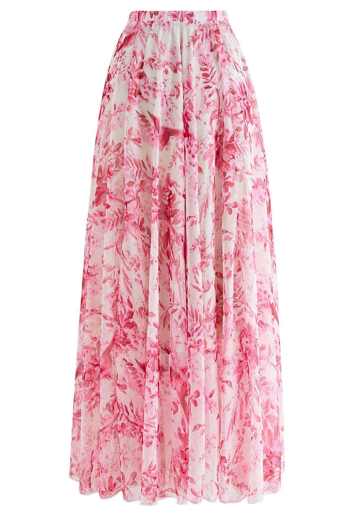 Summer Forest Printed Chiffon Maxi Skirt in Pink