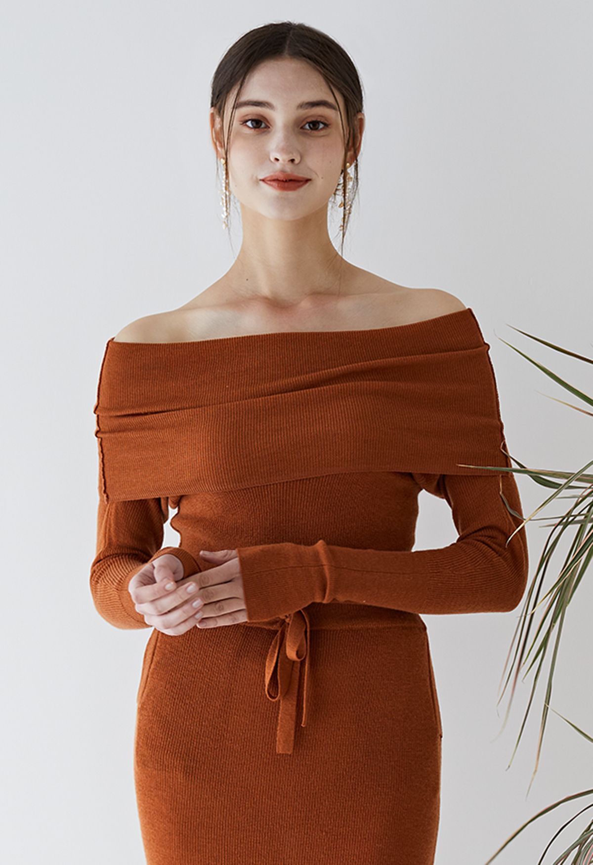 Fold Over Off-Shoulder Knit Top in Pumpkin