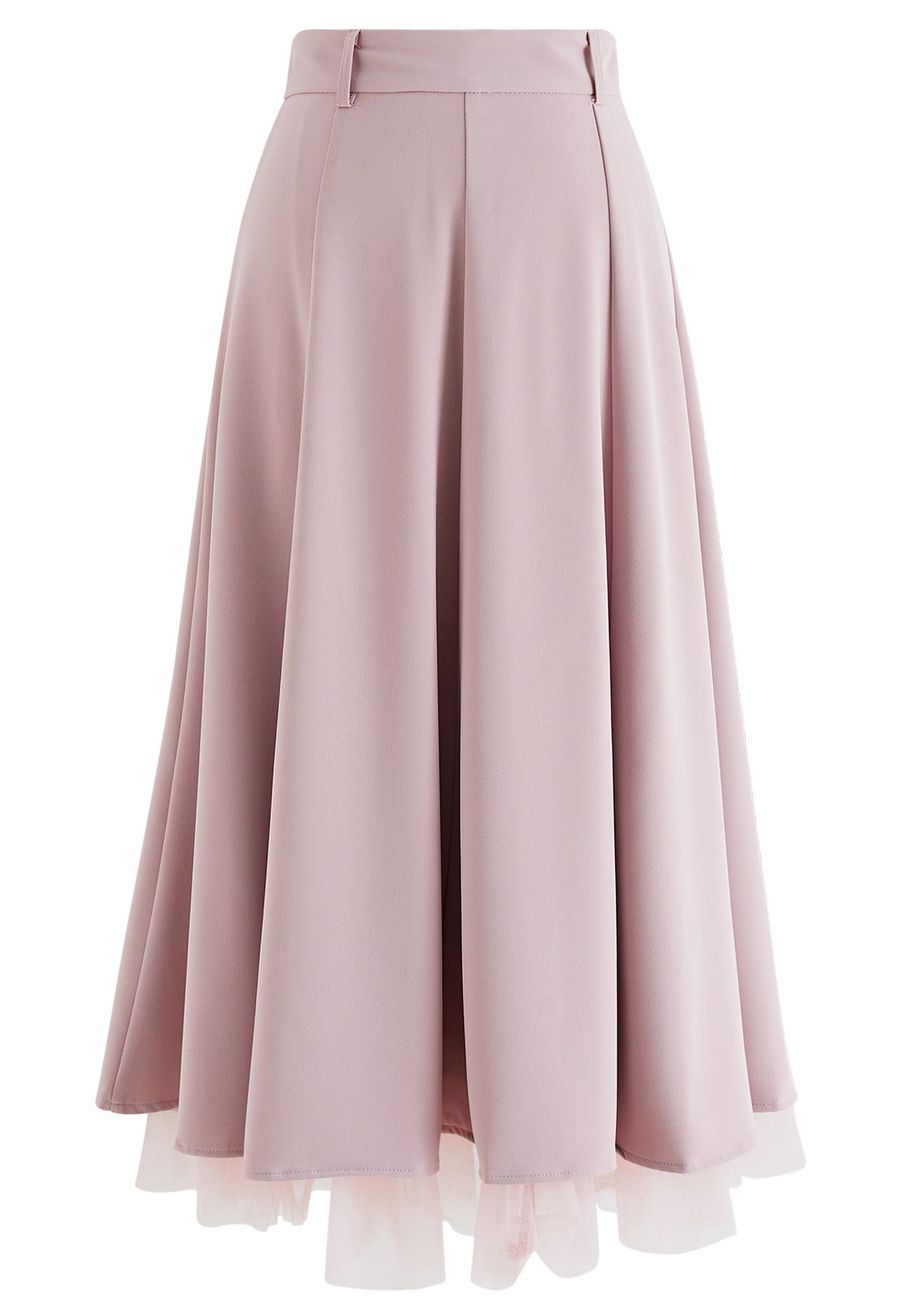 Mesh Spliced Hem Midi Skirt in Pink