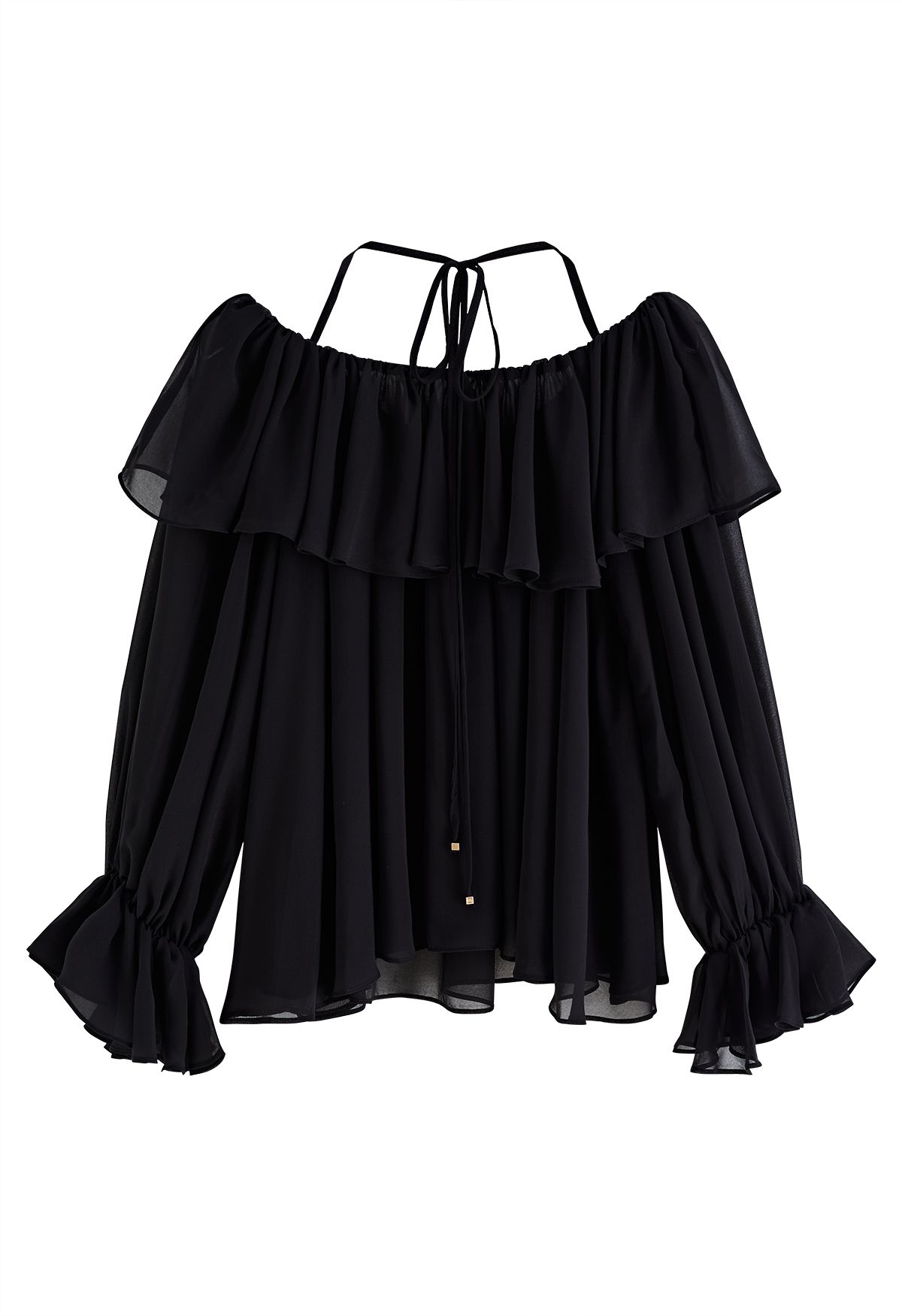 Tie Neck Ruffle Off-Shoulder Chiffon Top in Black