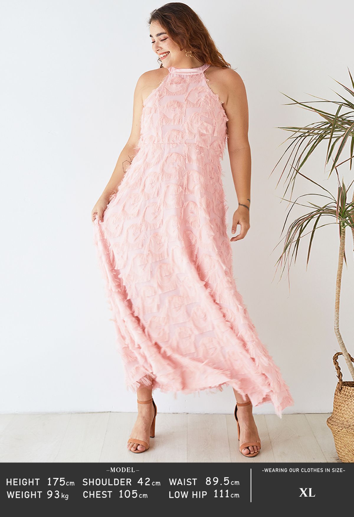 Dancing Feathers Tassel Halter Neck Maxi Dress in Pink 