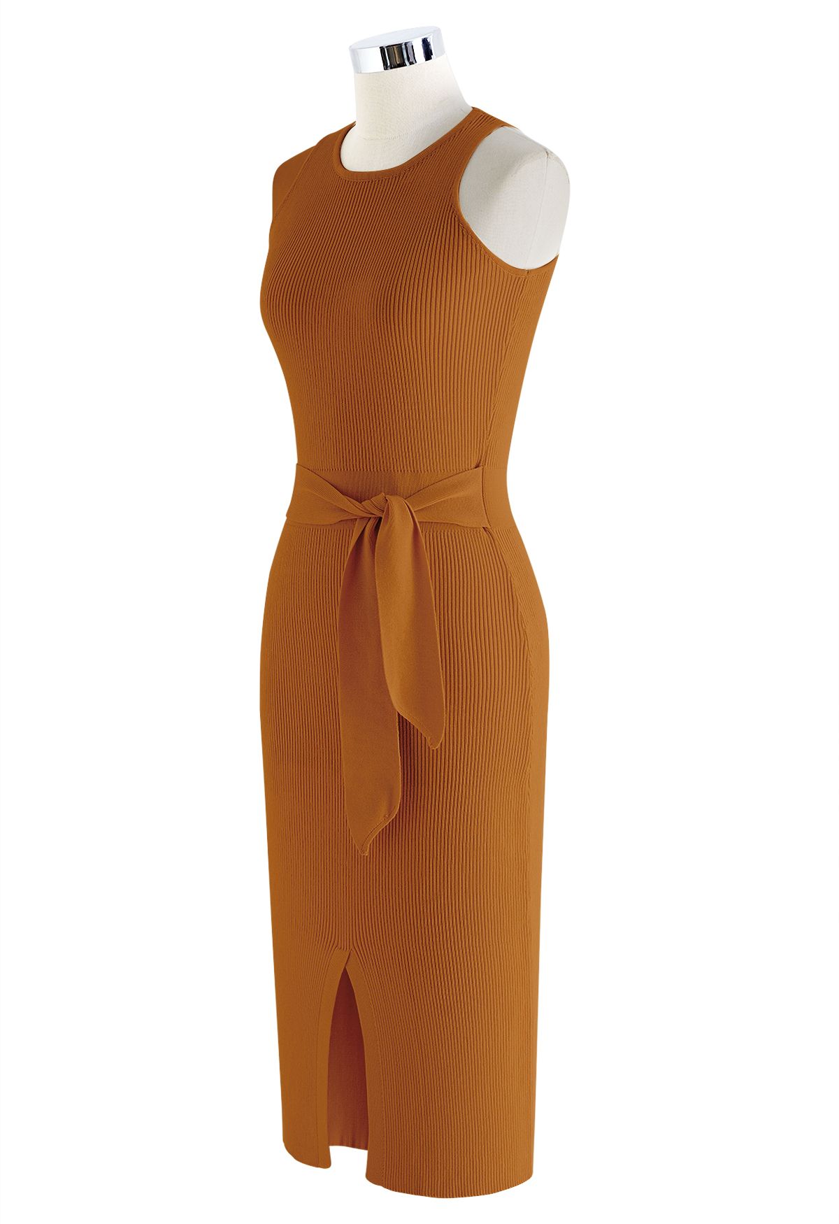 Front Slit Tie Waist Sleeveless Knit Dress in Tan