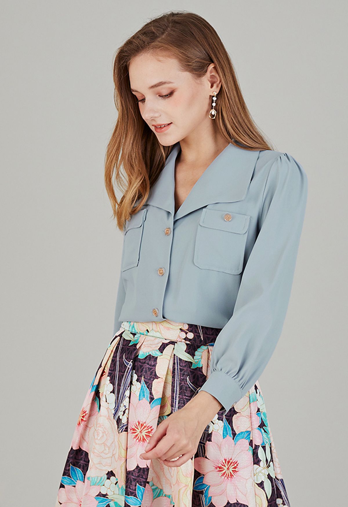Pointed Collar Golden Button Shirt in Dusty Blue