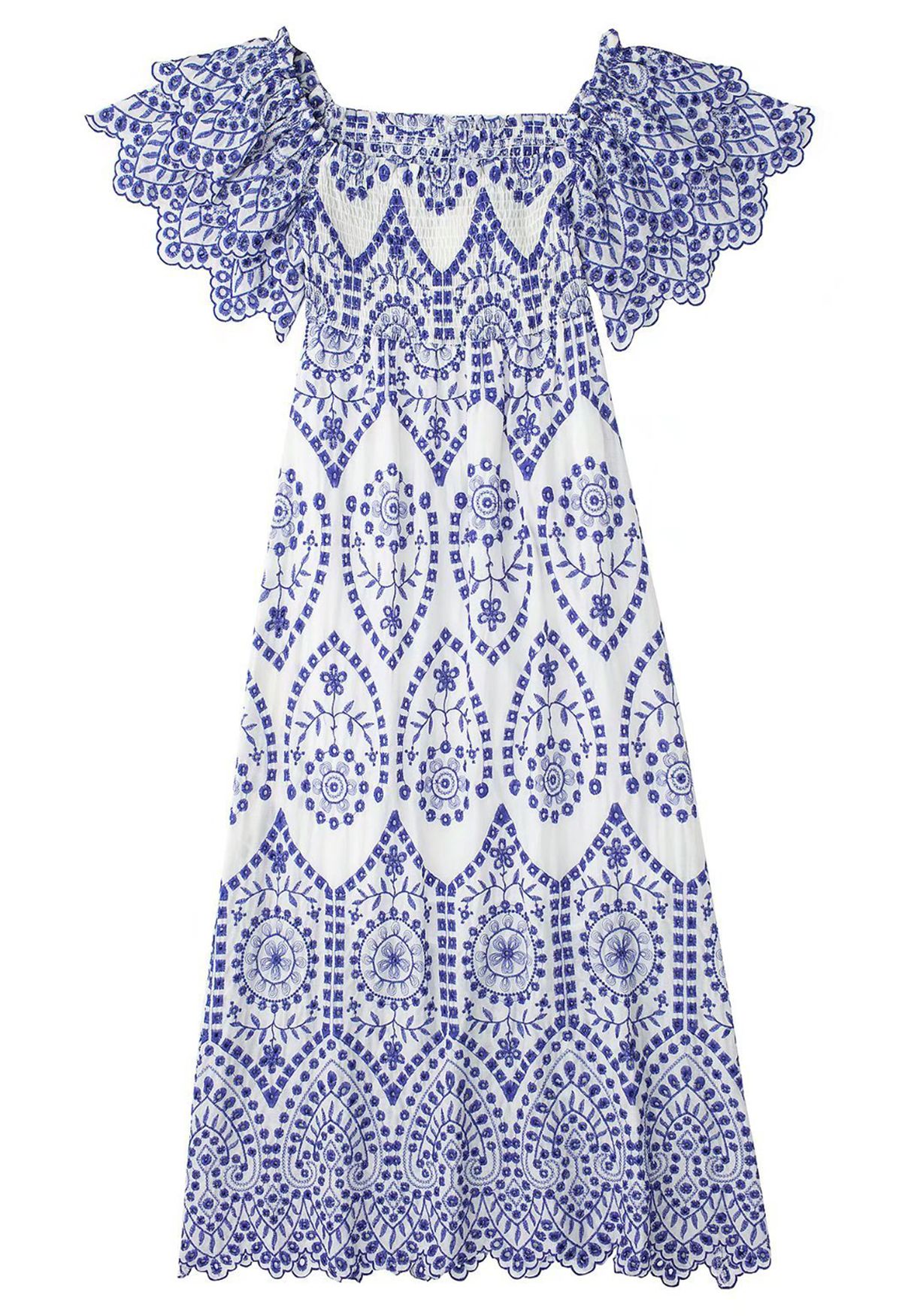 Blue Embroidery Ruffle Sleeve Cotton Dress