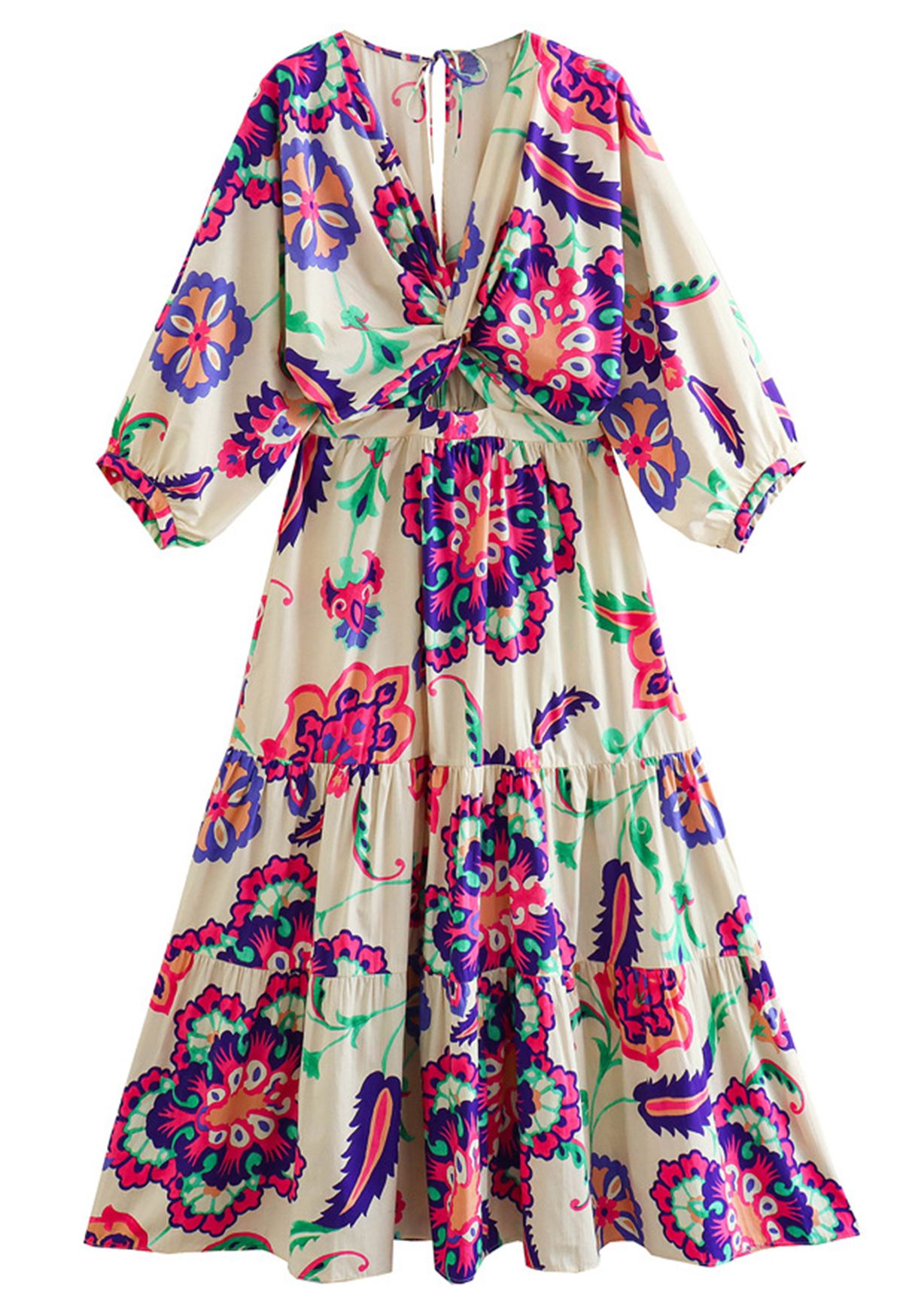 Floral Paisley Print Twist V-Neck Midi Dress