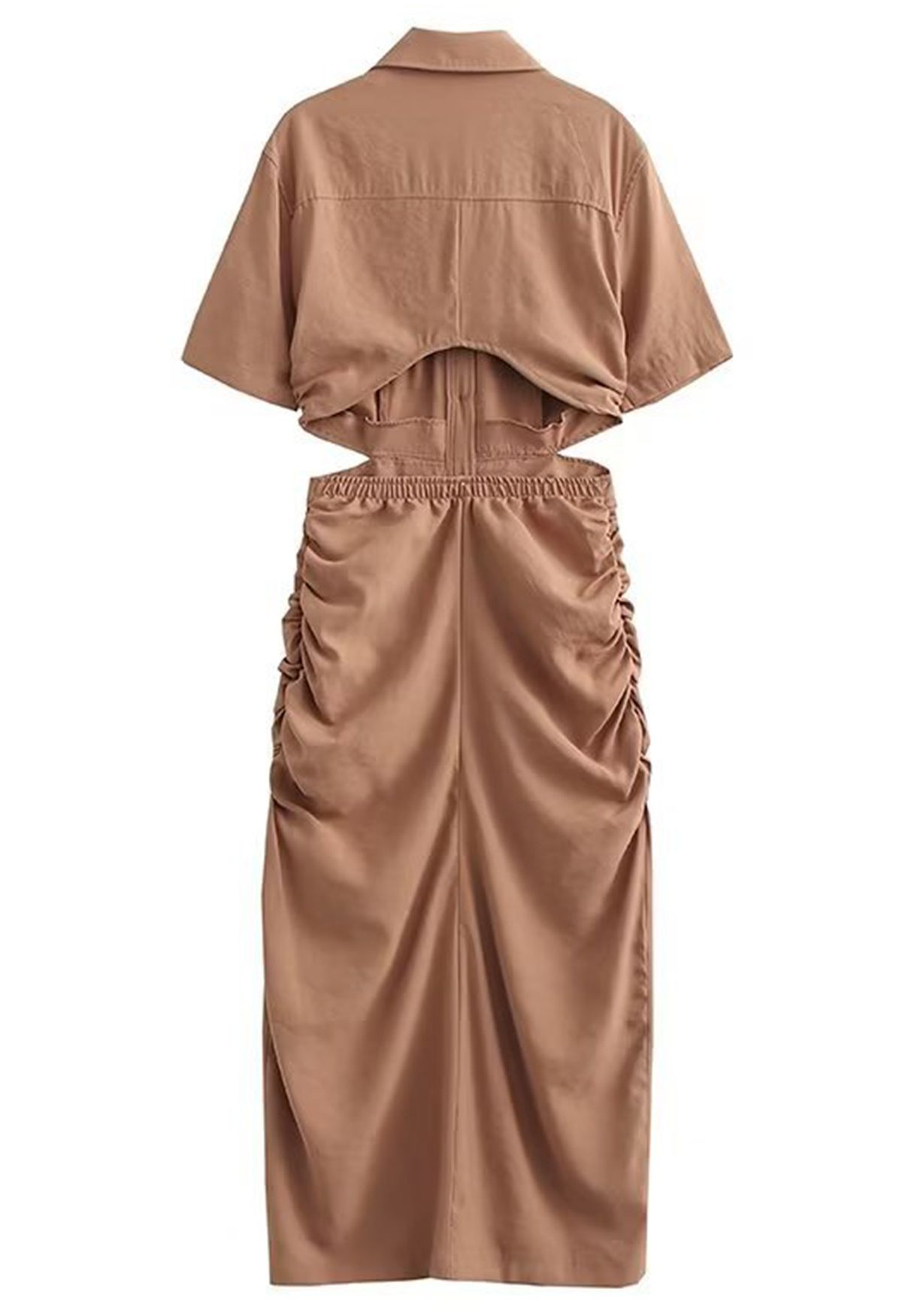 Cutout Waist Side Ruched Shirt Dress in Tan