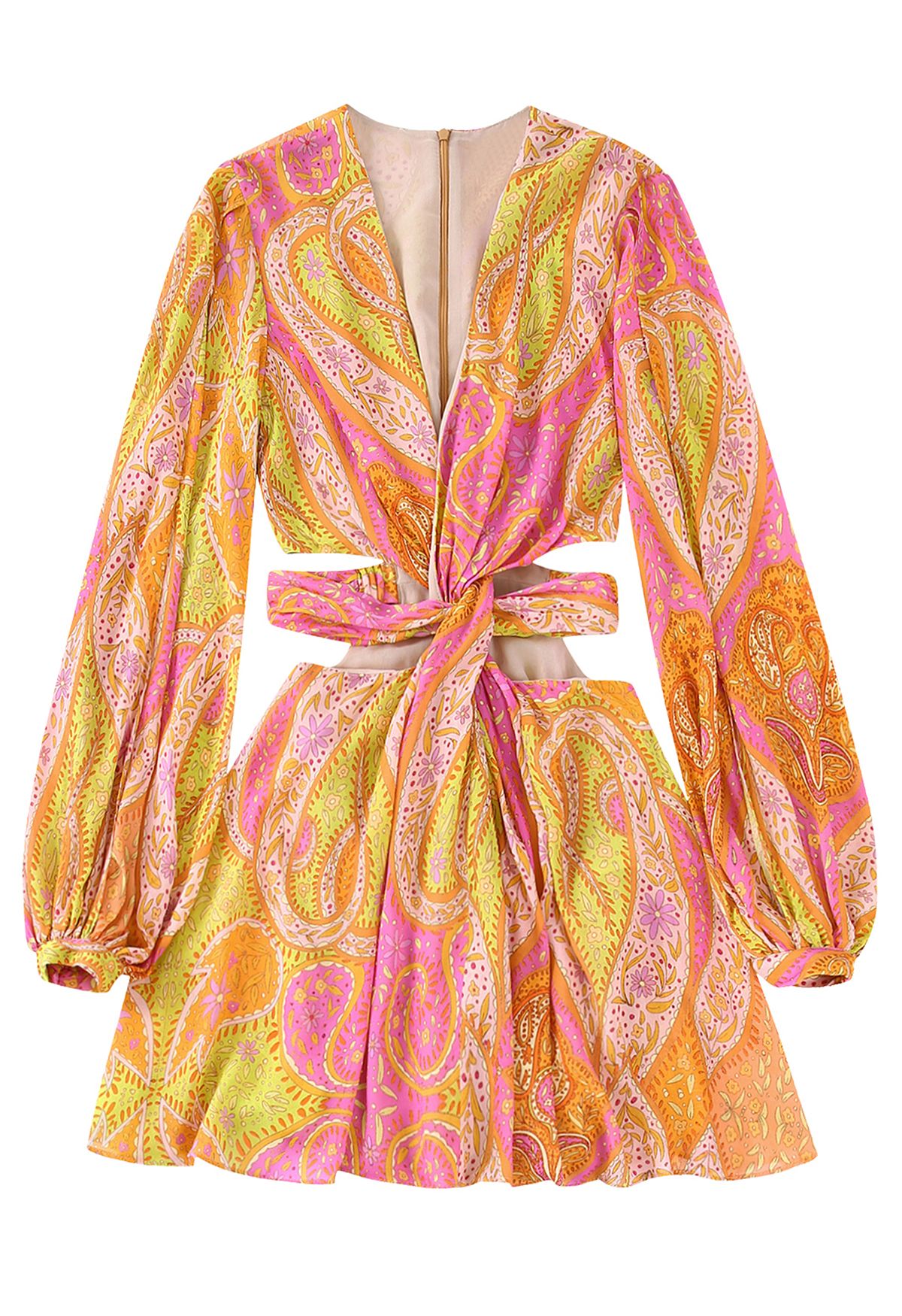 Twisted Cutout Waist Paisley Chiffon Dress