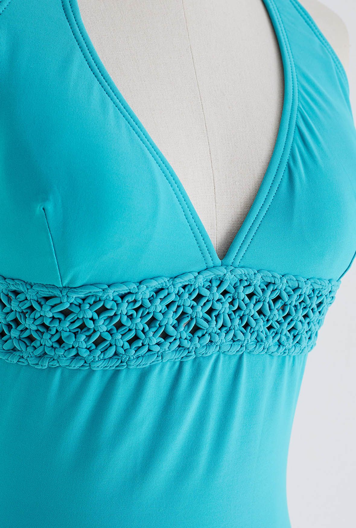 Deep-V Braided Hollow Out Waist Swimsuit in Teal